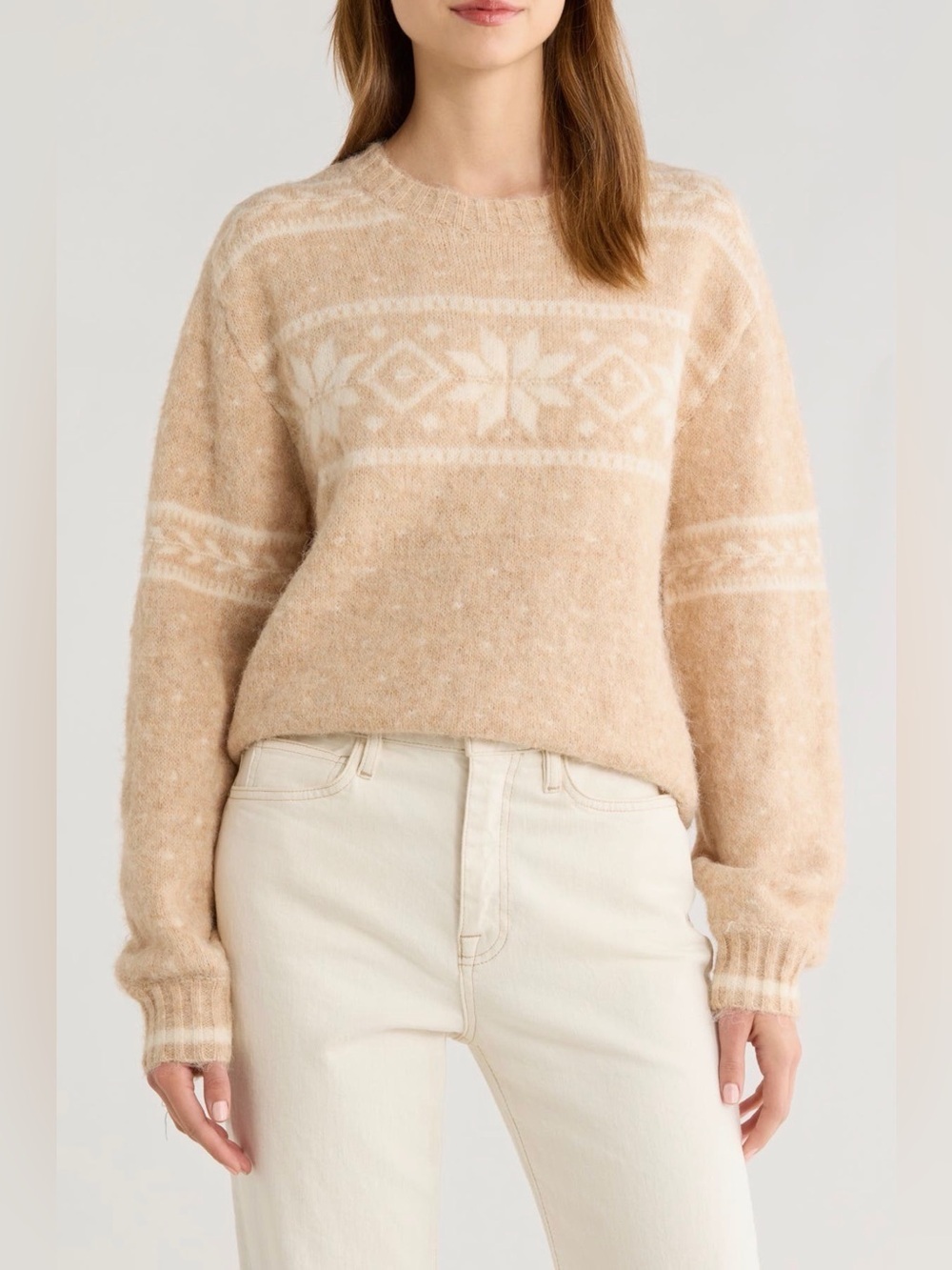 All In Favor Fair Isle Sweater Beige Crewneck Cozy Knit Small NWT